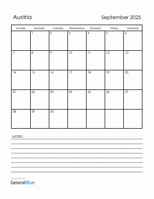 Current month calendar with Austria holidays for September 2025