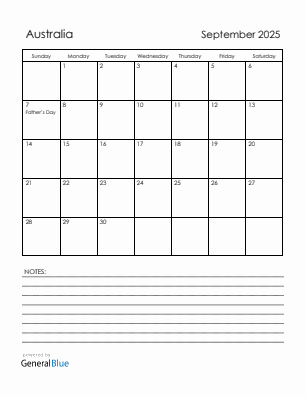 Current month calendar with Australia holidays for September 2025