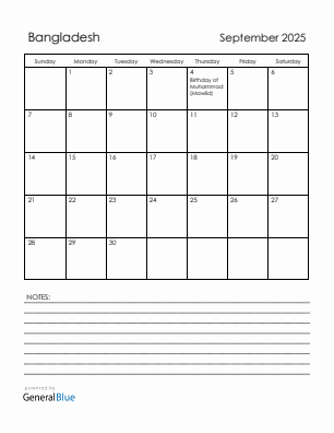 Current month calendar with Bangladesh holidays for September 2025