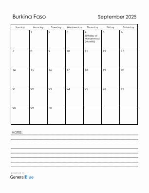Current month calendar with Burkina Faso holidays for September 2025
