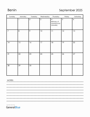 Current month calendar with Benin holidays for September 2025