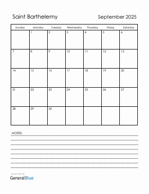 Current month calendar with Saint Barthelemy holidays for September 2025
