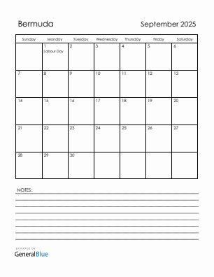 Current month calendar with Bermuda holidays for September 2025