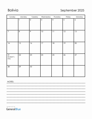 Current month calendar with Bolivia holidays for September 2025