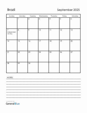 Current month calendar with Brazil holidays for September 2025