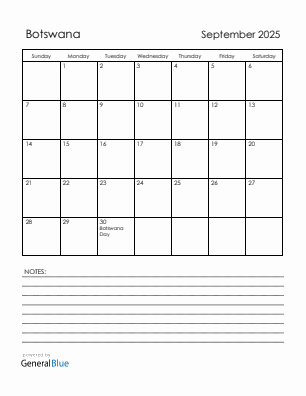 Current month calendar with Botswana holidays for September 2025