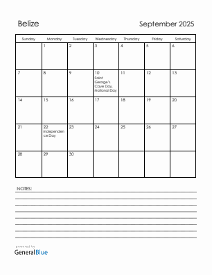 Current month calendar with Belize holidays for September 2025