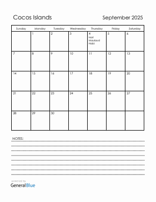 Current month calendar with Cocos Islands holidays for September 2025