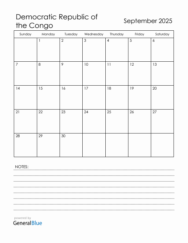 September 2025 Democratic Republic of the Congo Calendar with Holidays (Sunday Start)