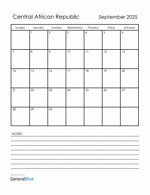 Current month calendar with Central African Republic holidays for September 2025