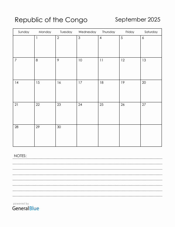 September 2025 Republic of the Congo Calendar with Holidays (Sunday Start)