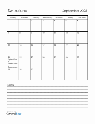 Current month calendar with Switzerland holidays for September 2025