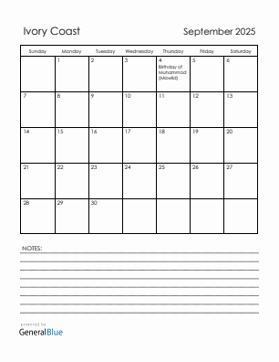 Current month calendar with Ivory Coast holidays for September 2025