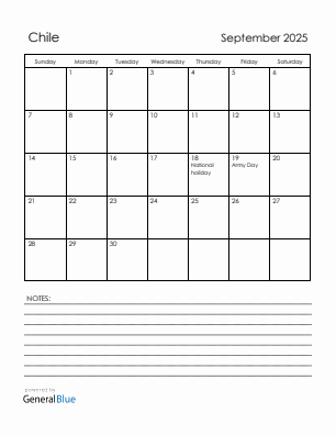 Current month calendar with Chile holidays for September 2025
