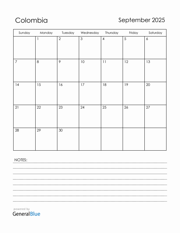 September 2025 Colombia Calendar with Holidays (Sunday Start)