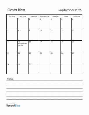 Current month calendar with Costa Rica holidays for September 2025