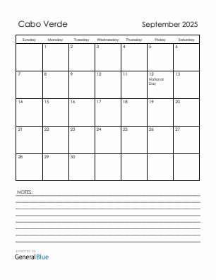 Current month calendar with Cabo Verde holidays for September 2025