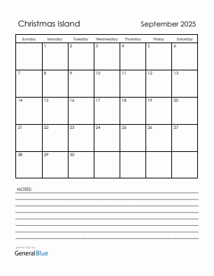 Current month calendar with Christmas Island holidays for September 2025