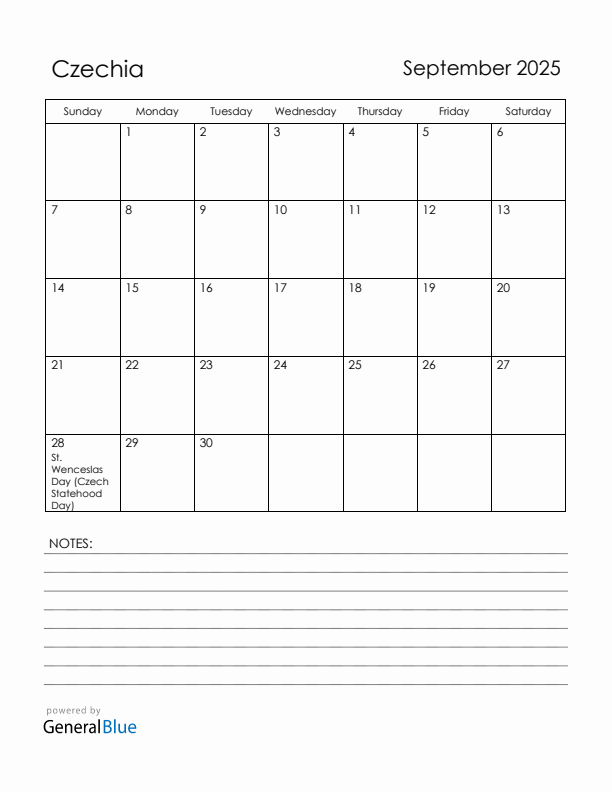 September 2025 Czechia Calendar with Holidays (Sunday Start)