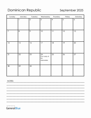 Current month calendar with Dominican Republic holidays for September 2025