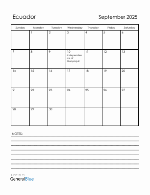 Current month calendar with Ecuador holidays for September 2025