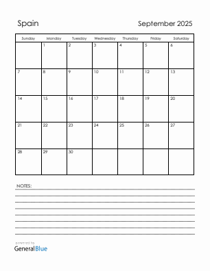 Current month calendar with Spain holidays for September 2025