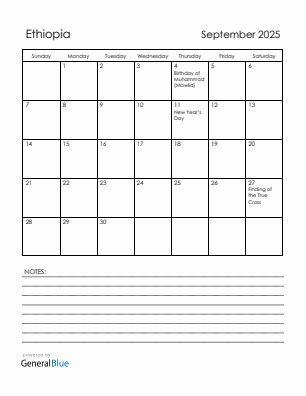 Current month calendar with Ethiopia holidays for September 2025