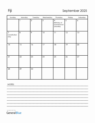 Current month calendar with Fiji holidays for September 2025