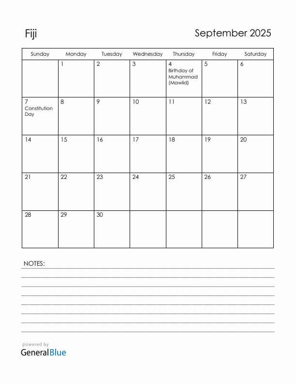 September 2025 Fiji Calendar with Holidays (Sunday Start)