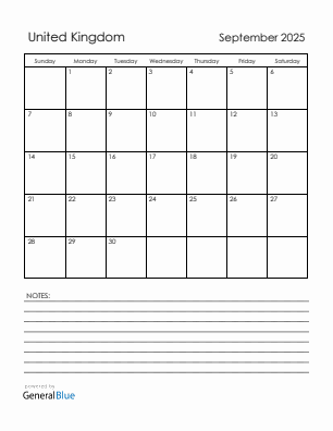 Current month calendar with United Kingdom holidays for September 2025
