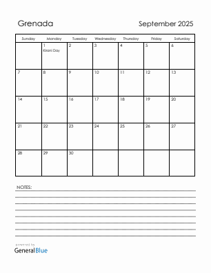 Current month calendar with Grenada holidays for September 2025