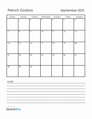 Current month calendar with French Guiana holidays for September 2025