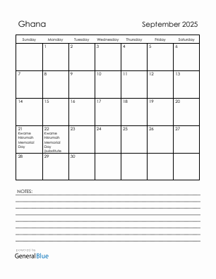 Current month calendar with Ghana holidays for September 2025