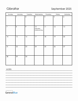 Current month calendar with Gibraltar holidays for September 2025