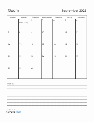 Current month calendar with Guam holidays for September 2025