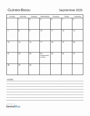Current month calendar with Guinea-Bissau holidays for September 2025