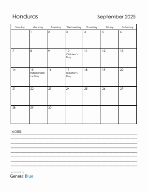 Current month calendar with Honduras holidays for September 2025