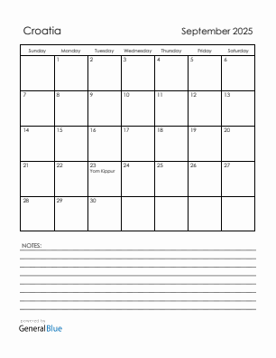 Current month calendar with Croatia holidays for September 2025