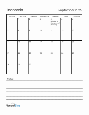 Current month calendar with Indonesia holidays for September 2025