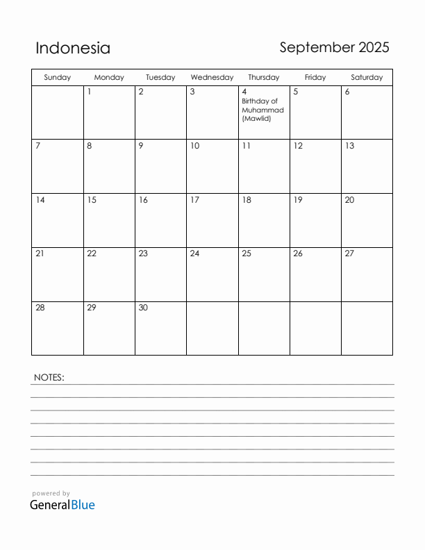 September 2025 Indonesia Calendar with Holidays (Sunday Start)