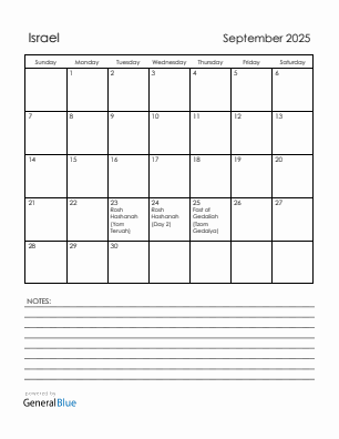 Current month calendar with Israel holidays for September 2025