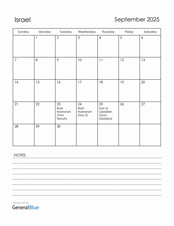 September 2025 Israel Calendar with Holidays (Sunday Start)