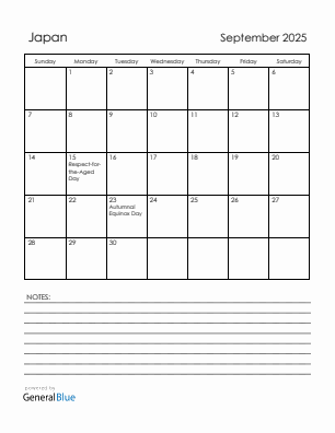 Current month calendar with Japan holidays for September 2025