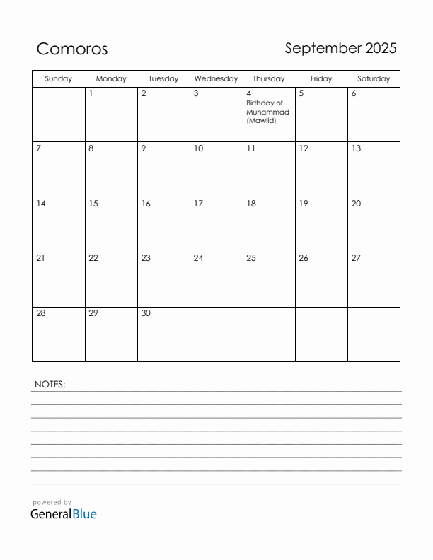 September 2025 Comoros Calendar with Holidays (Sunday Start)