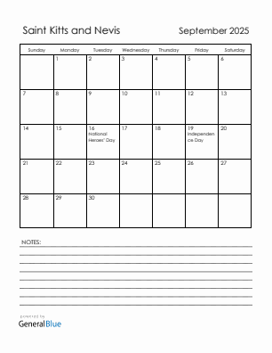 Current month calendar with Saint Kitts and Nevis holidays for September 2025