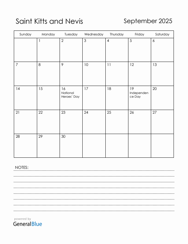 September 2025 Saint Kitts and Nevis Calendar with Holidays (Sunday Start)