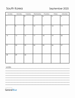 Current month calendar with South Korea holidays for September 2025