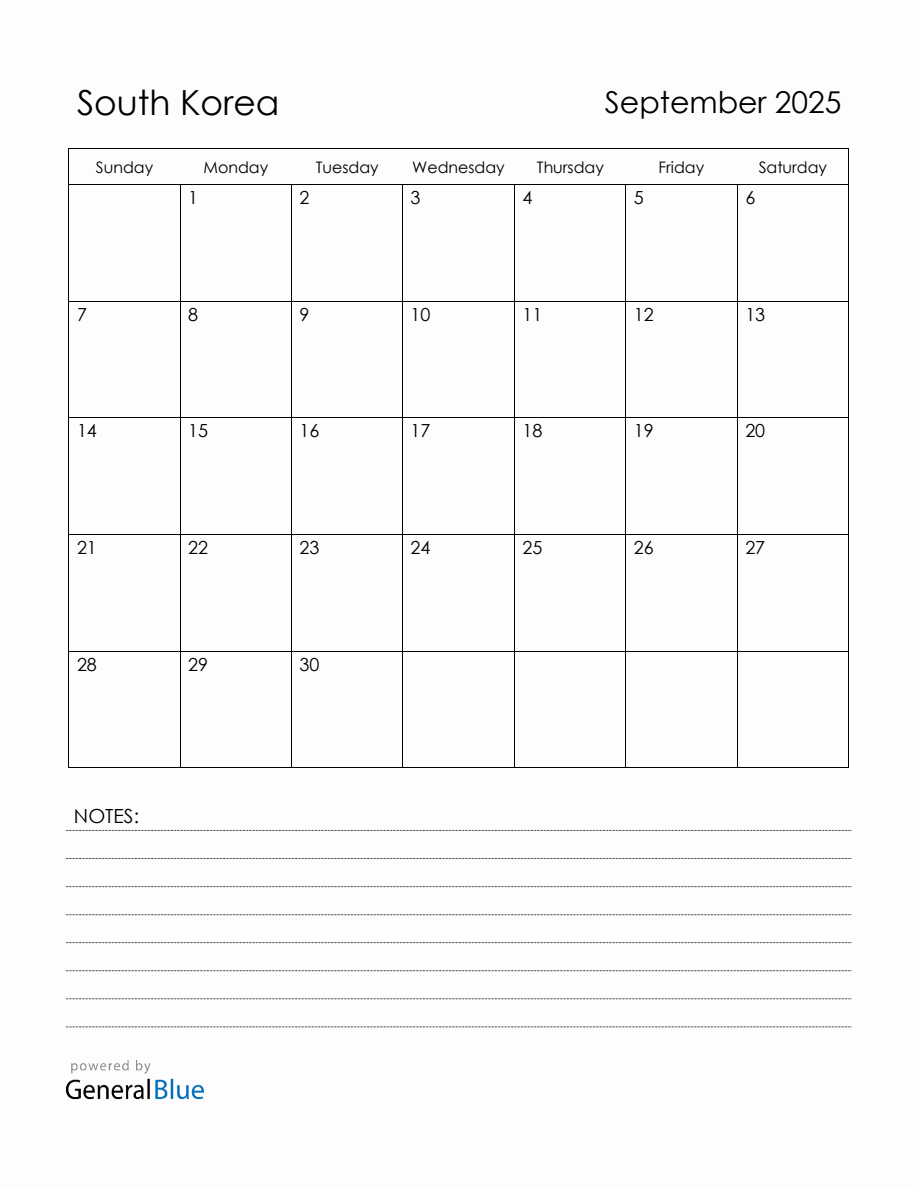 September 2025 South Korea Calendar with Holidays