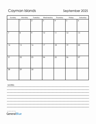 Current month calendar with Cayman Islands holidays for September 2025