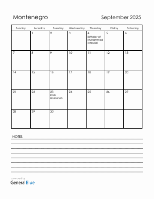 Current month calendar with Montenegro holidays for September 2025